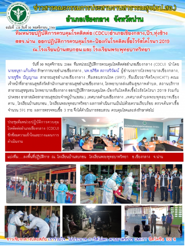 ทีมหน่วยปฎิบัติการควบคุมโรคติดต่อ (CDCU)อำเภอเชียงกลาง,ปัว,ทุ่งช้าง สสจ.น่าน ออกปฎิบัติการควบคุมโรค-ป้องกันโรคติดเชื้อไวรัสโคโรนา 2019 ณ โรงเรียนบ้านสบกอน และโรงเรียนพระพุทธบาทวิทยา